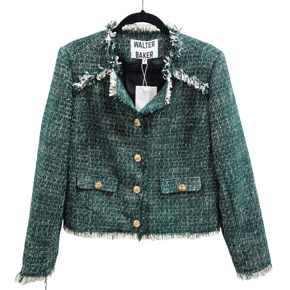 NWT Walter Baker Womens XL Green Tweed Frayed Jacket Gold Crest Buttons W30438